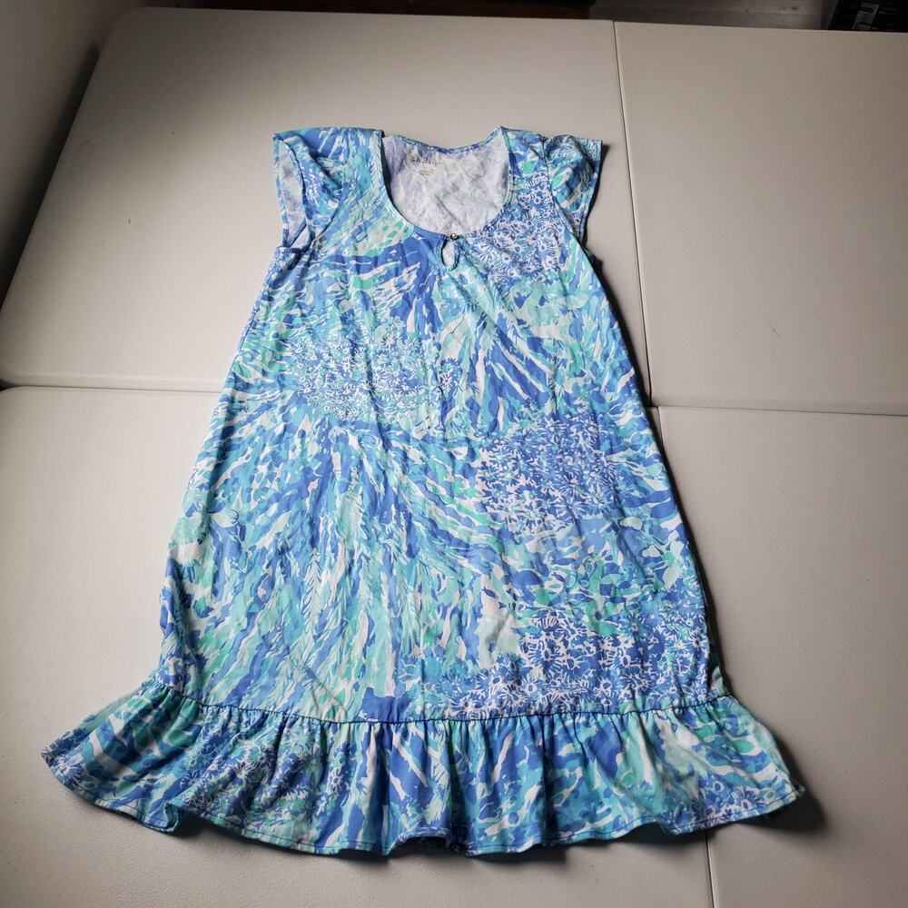 Lilly Pulitzer Dress Womens M Blue Floral Cotton Ruffle Hem Shift Sundress